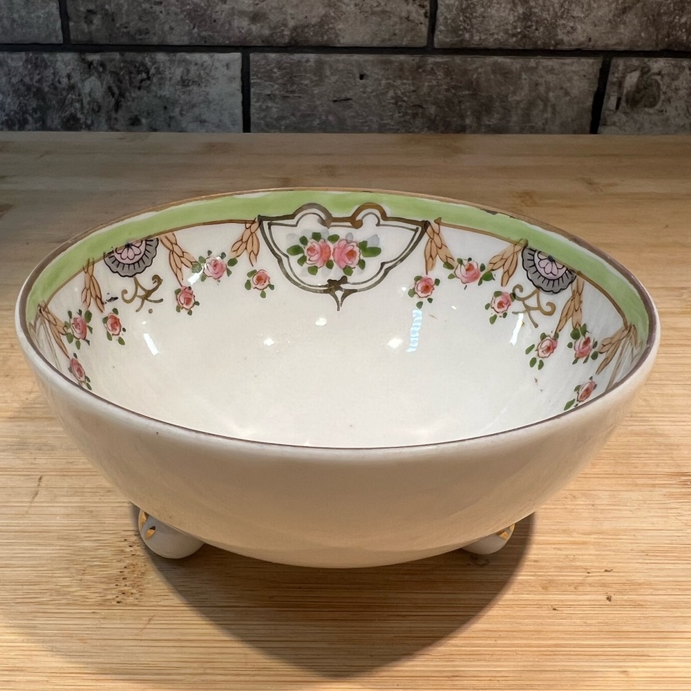Antique (1891-1921) Nippon Footed Bowl Pink Rose and Swag Design Gold Detail
